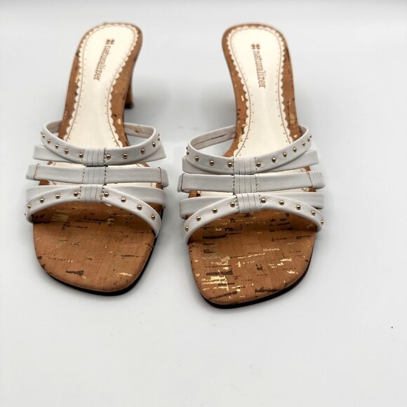Naturalizer Sana White Strappy Sandal Heels With Cork Sole Studded Detail - Picture 1 of 14